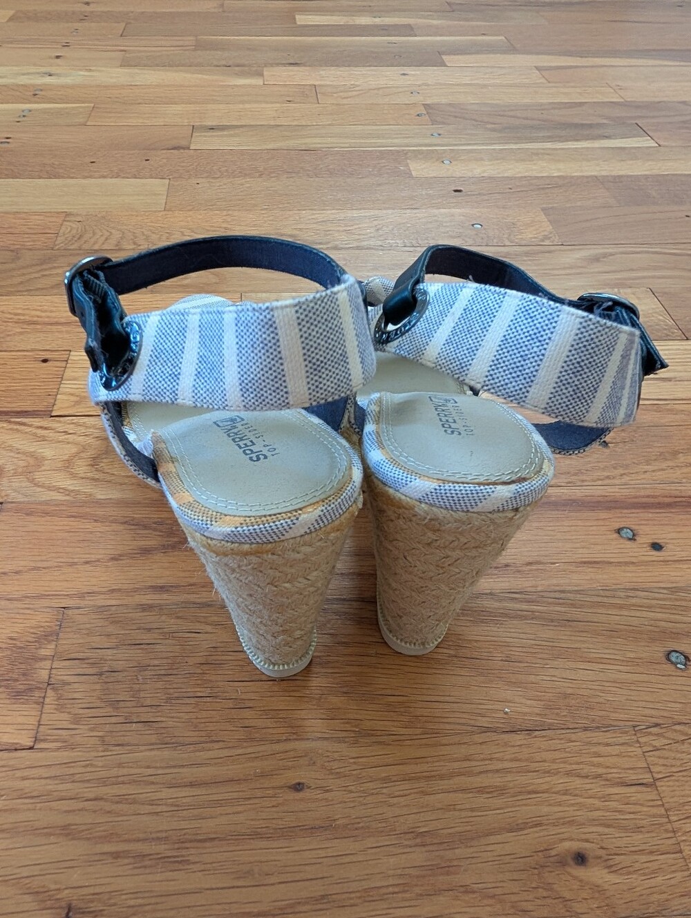 Sperry Valencia Blue & White Striped Canvas Wedge Sandals. - Picture 6 of 7